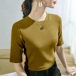 Women's Summer Fashion Simplicity Solid Color O-neck Short Sleeve T-Shirt Women Clothes Office Lady All-match Slim Tops