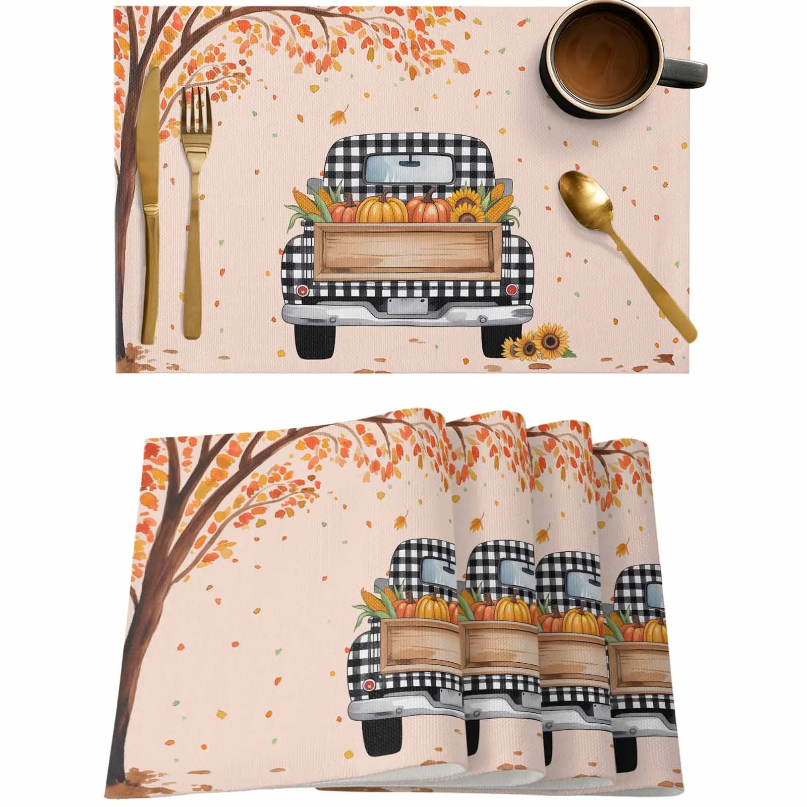 

4/6 Pcs Autumn Black And White Plaid Truck Placemat Wedding Party Dining Decor Linen Table Mat Kitchen Accessories