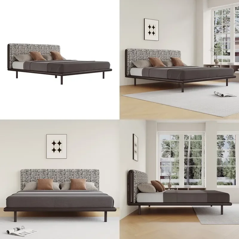 Nordic Japanese Style Solid Wood Double Bed with Cotton Linen Upholstery Modern Flush Edge Design for Master Bedroom