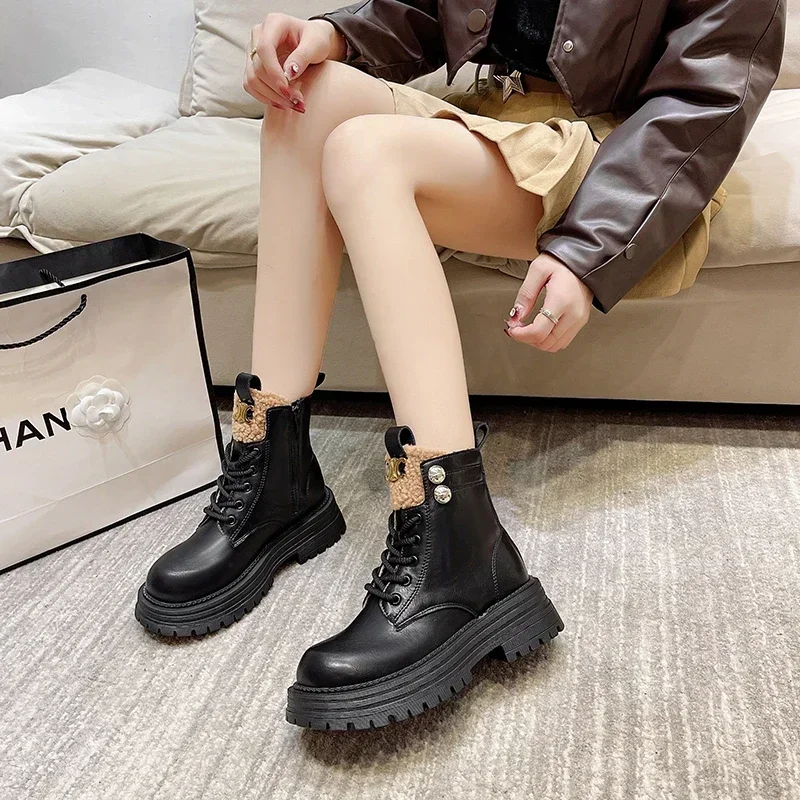 Botas de moda para mujer, botines con plataforma impermeable y cremallera lateral, forro de felpa, zapatos antideslizantes de suela gruesa, tendencia negra 2024