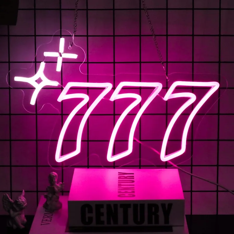 

777 Neon Sign Angel Number Neon LED Luck Seven Lights Pink White Star Wall LED Light Up Light Bedroom Bar Birthday Party Decor