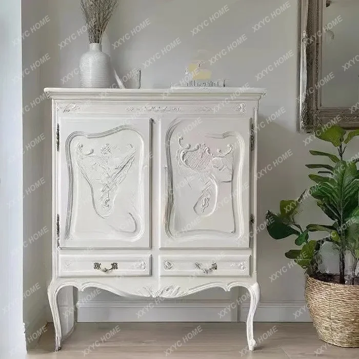 solid wood carving flower dining side cabinet retro light luxury white storage porch table