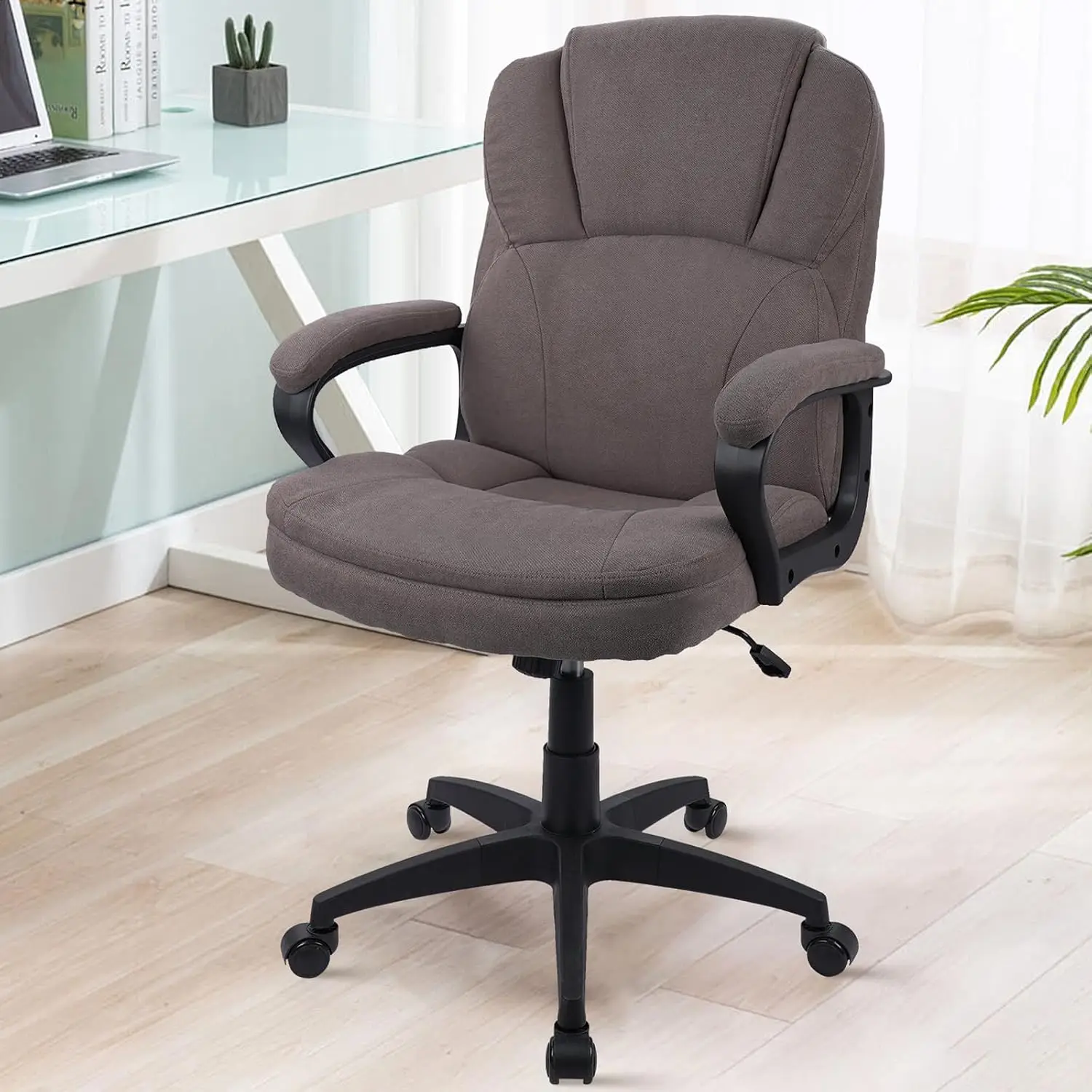 adjustable swivel office chair wheels height ergonomic desk brown fabric covered