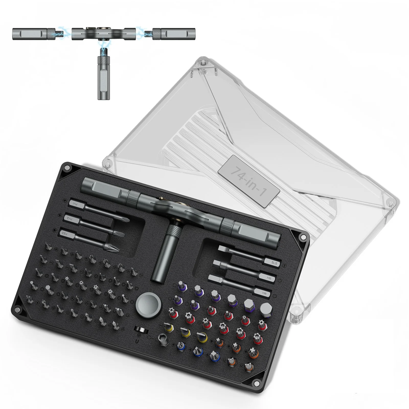 

Magnetic Ratchet Screwdriver Set 74 in 1 Professional Repair DIY Tool Kit with Detachable Handle for Furniture, Bicycle, Watch