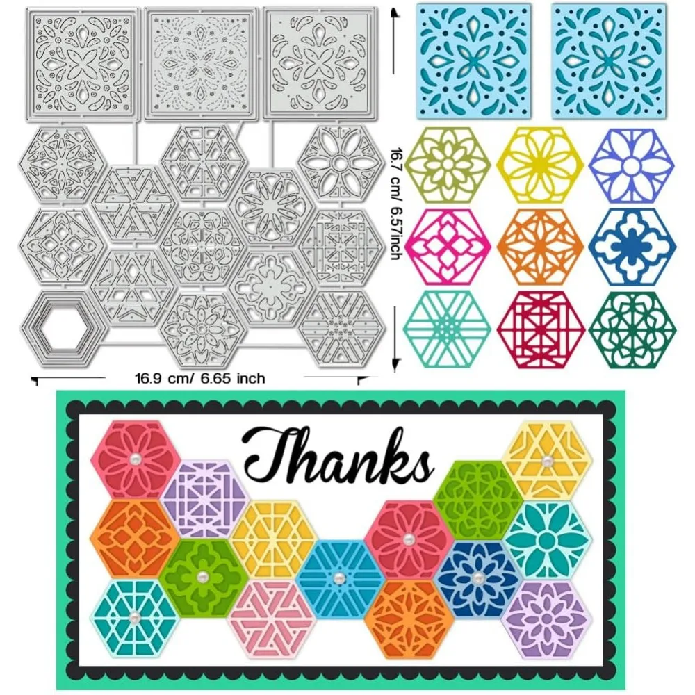 Honeycomb Metal Cutting Dies Stencils, Hexagon & Square Floral Die Cut, Layered Card Background Embossing Metal Templates for