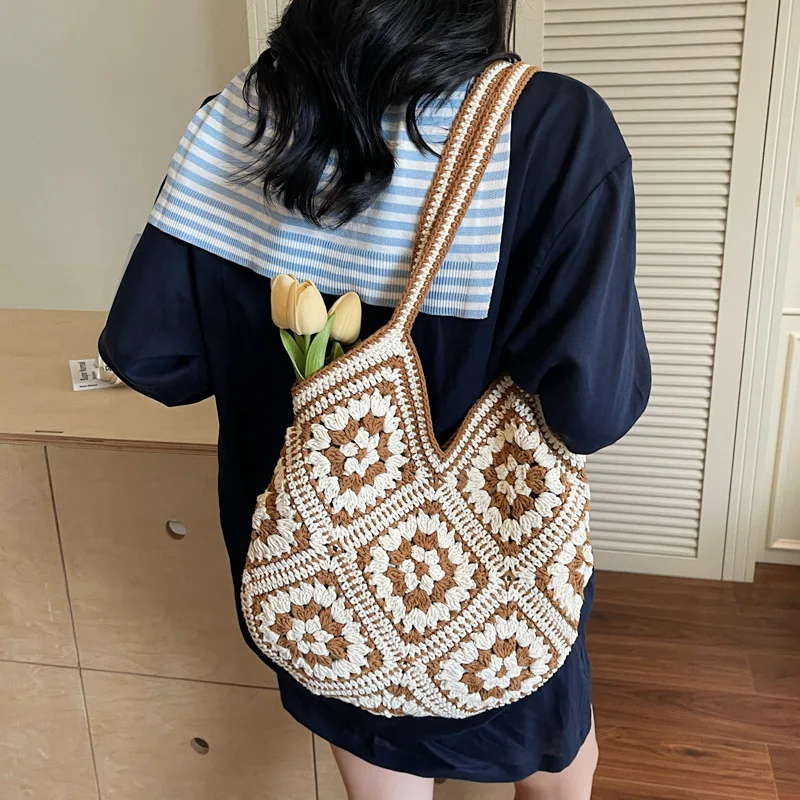 

Summer Knitting Tote Bags Ethic Women Shoulder Bags Large Capacity Patchwork Straw Bags Beach Vacation Handbags For Holidays
