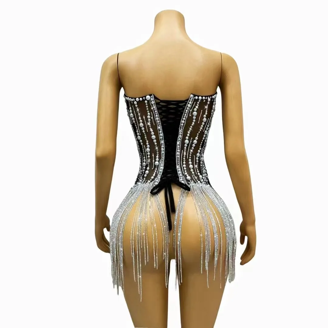 Women Shining Rhinestones Tassel Chains Pearls Corset Dance Dress Evening Birthday Celebrate Sexy NightClub Performance costume