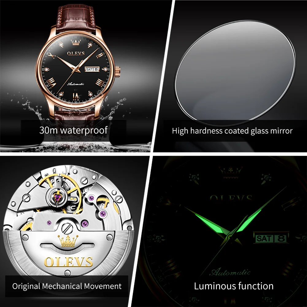 OLEVS 9932 Top Brand Luxury Automatic Mechanical Watch Date Waterproof Leather Male Female Couple Watch Lover Gift His Her Watch