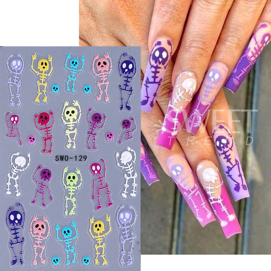 2pcs Skeleton Halloween Nail Stickers Cartoon Skull Heads Textured Design Slider Decals DIY Nail Decoration Manicure Accessories