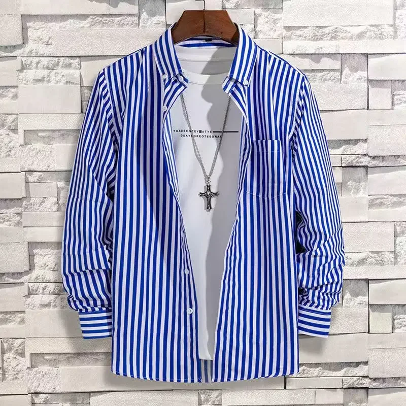 Men\'s Striped Shirt Long Sleeve Shirts Blue Casual Business Dress Shirts All-Match Slim Fit Fashion Korean Print Shirt Non-iron