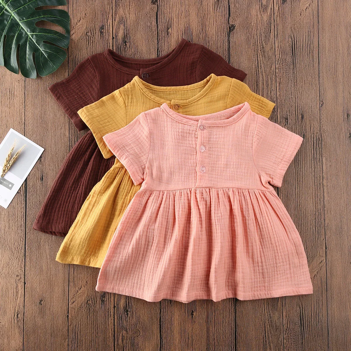 Toddler Baby Girl Summer Casual Dress Solid Color Short Sleeve Button Cotton Linen A-line Mini Girls Dresses