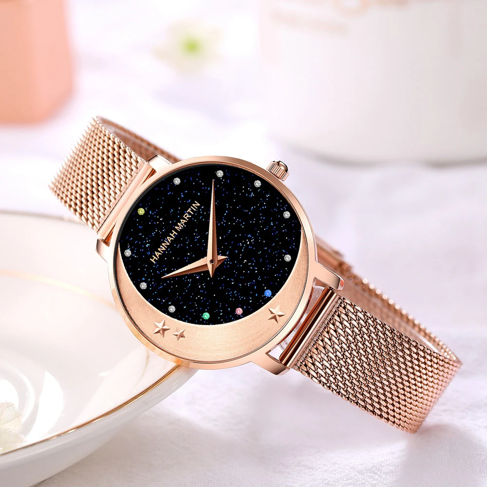 New Design Model Arrival Japan MIYOTA 2035 Quartz Movement Stainless Steel Wristwatch Moon Stars Night Flash Watches for Women