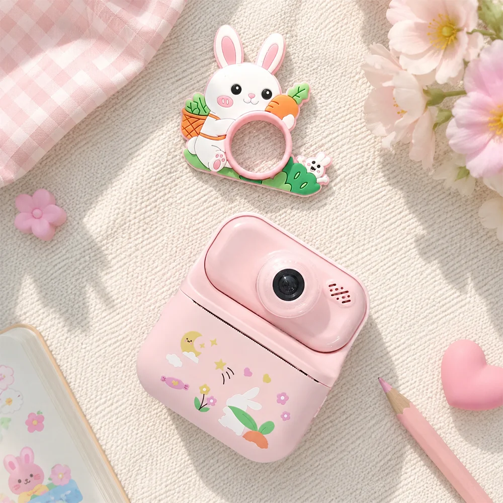 Cute Rabbit Kids Digital Camera with Dual Lens 16X Zoom Instant Print Feature And Built-in Puzzle Games Portable Camera for Girls & Boys