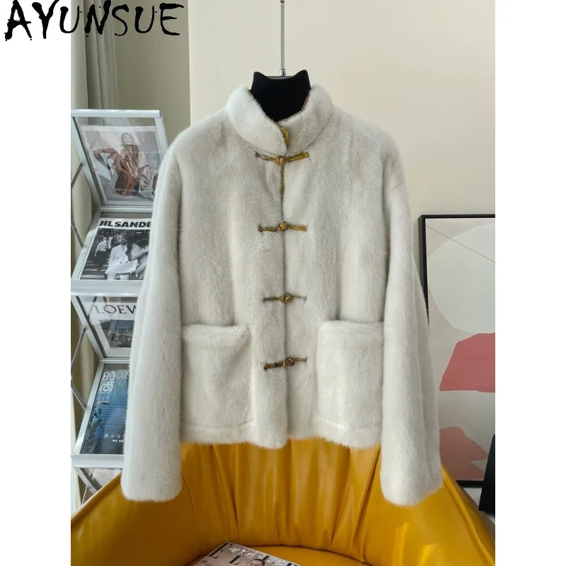 

Пальто из цельного меха норки AYUNSUE Purple Label Velvet для женщин, с воротником-стойкой, теплая меховая куртка, элегантная женская одежда