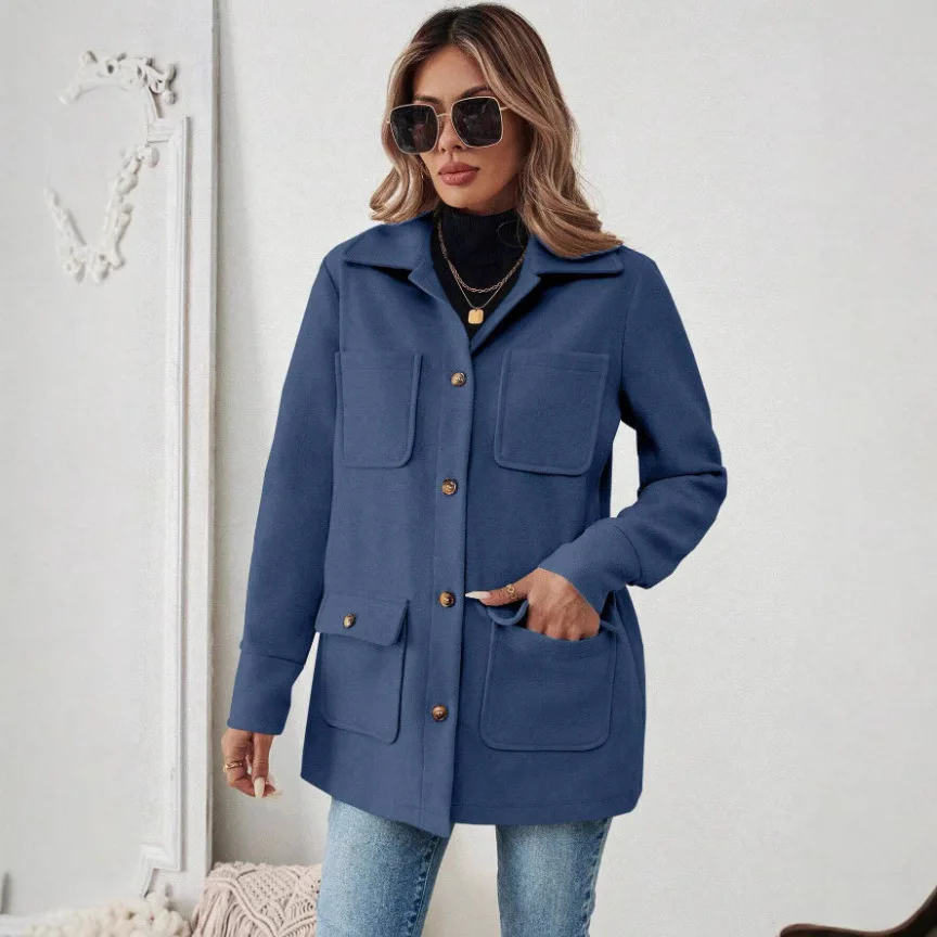Women Solid Color Lapel Collar Woolen Jacket Long Sleeve Multi Pockets Casual Loose Outerwear Coat For Autumn Winter