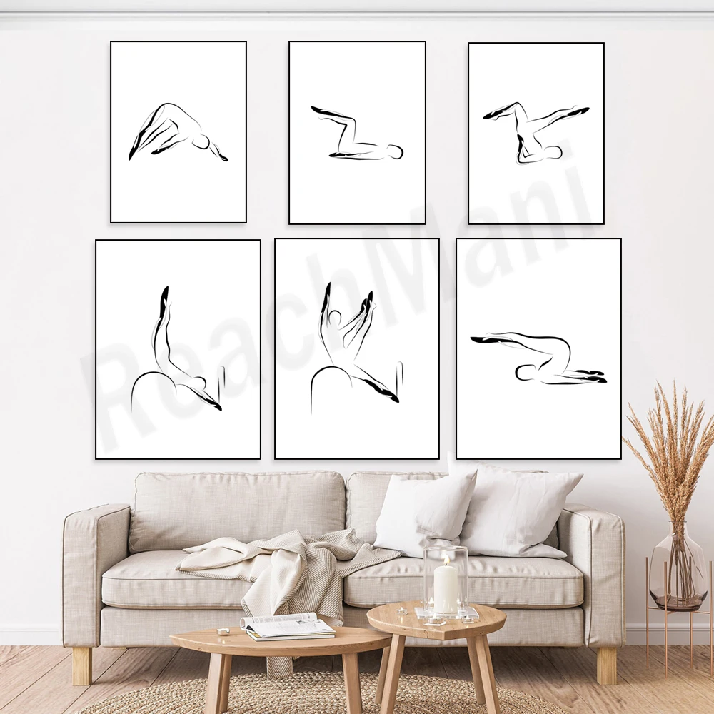 Pilates posters, Swan pose, Pilates 100 breaths, mat poses, ball poses, side bend poses - printable for living room decoration.