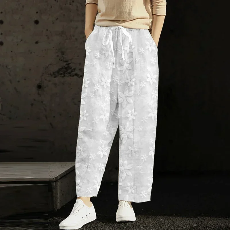 

Casual Drawstring Elastic Waist Pants Elegant Floral Embroidery Ankle-length Straight Trousers Cotton Linen Pants Women 26162