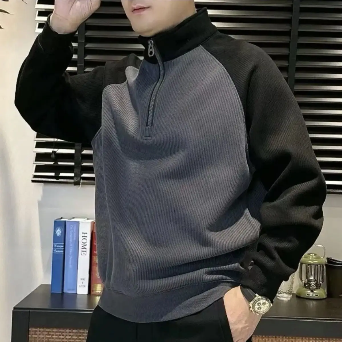 Men's Slim Fit Zip Up Fleece Lined Jacket Casual Stand Collar Color Block Sweatshirt Fall Winter Layering Top