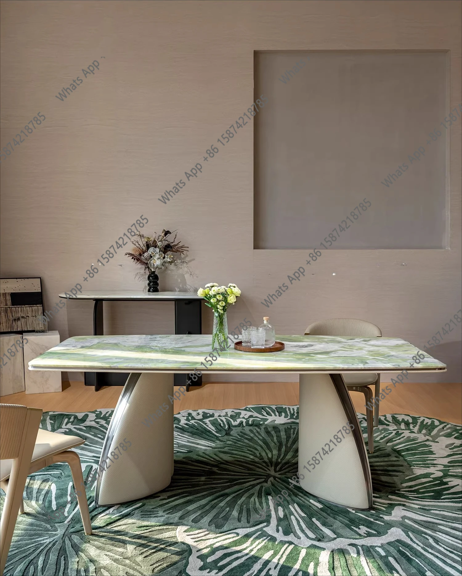 X69 Luxury Stone Glacier Green Dining Table Villa Living Room Dining Table Jadeite Green Marble Dining Table High-end Atmosphere