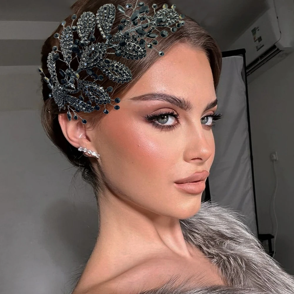 DZ278 Black Rhinestone Bridal Headband Fashion Bride Headdress Leaf Wedding Hair Style Side Headpieces Party Hair Accessories