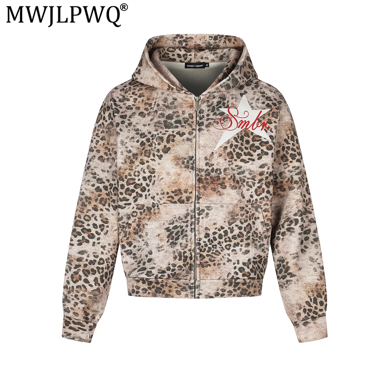 MWJLPWQ American Retro Leopard Print Hooded Sweatshirt Male Street Cardigan Tops Stylish Short Zipper Hoodie For Couples 17596