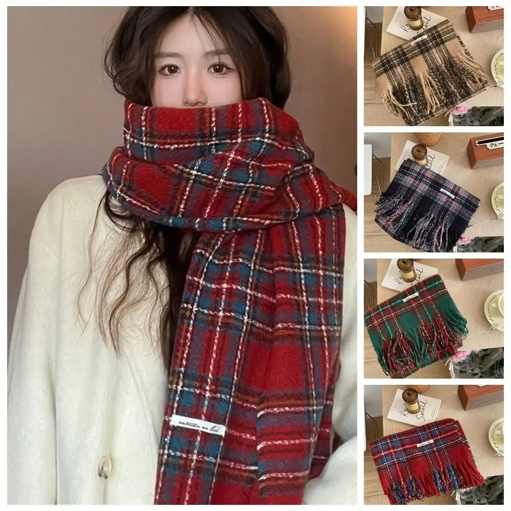 

Tassel Plaid Wool Scarf Plush Retro Green Long Shawl Cashmere Shawl Korean Style Scarves Winter Cashmere Scarves Women/Men