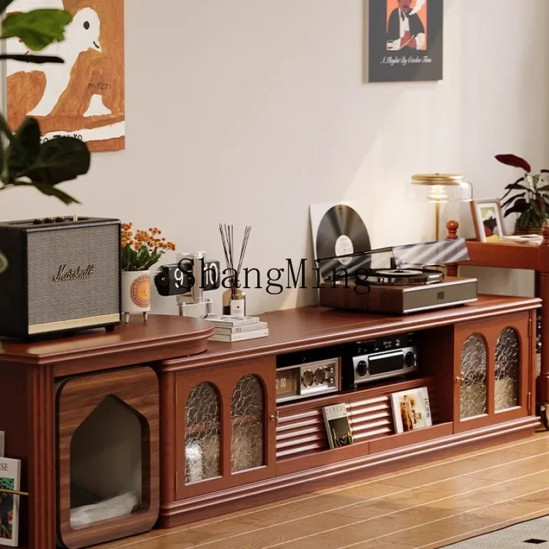 

SM solid wood living room home coffee table combination floor cherry wood retro telescopic TV cabinet floor cabinet