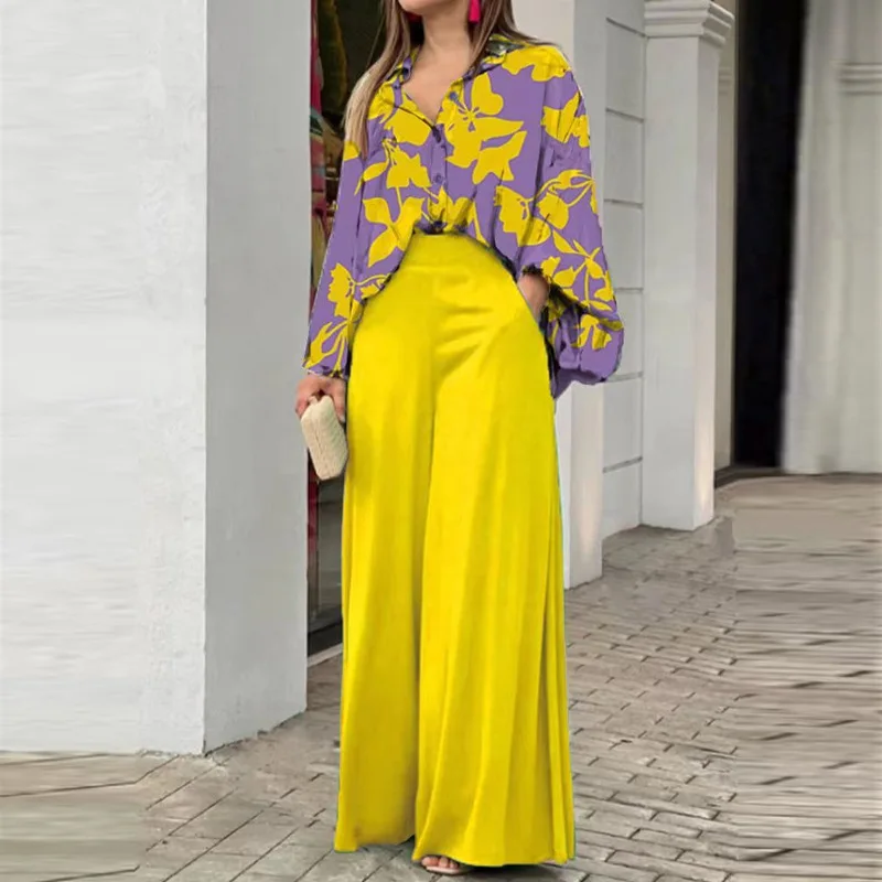 Fashion Casual Set Women 2024 Tops Shirt Elegant Wide Leg Pants Set Printed Bell Sleeve Shirt Wide Leg Pants Fashion Trendy
