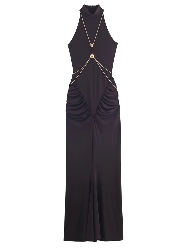 Mulheres sexy vestido longo 2025 novo sem mangas sem costas corrente de metal decoração vestidos longos 2025 feminino verão elegante vestido de festa