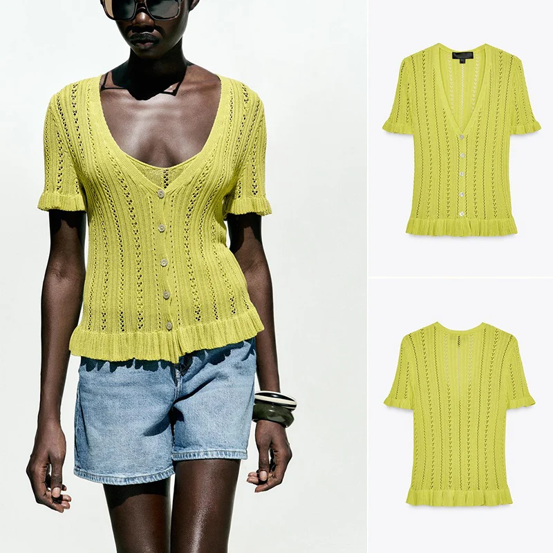 

Summer New Women's ort Sve V-Ne Knitted Jaet Layered Decorative Embroidery Me Knitwear Commute Sle Slim Fit Poly...