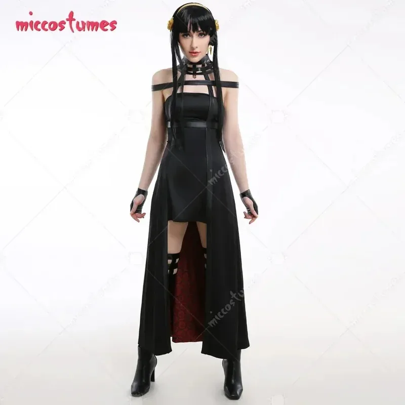 25COSMiccostumes Disfraz de Yor para mujer, vestido gótico halter negro con medias, accesorios para la cabeza, pendientes