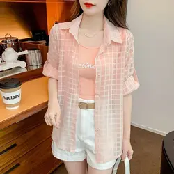 2024 New Summer Commuter Leisure Fashion Versatile di media lunghezza in Chiffon Polo Collar Solid Plaid camicia da donna a maniche lunghe Top