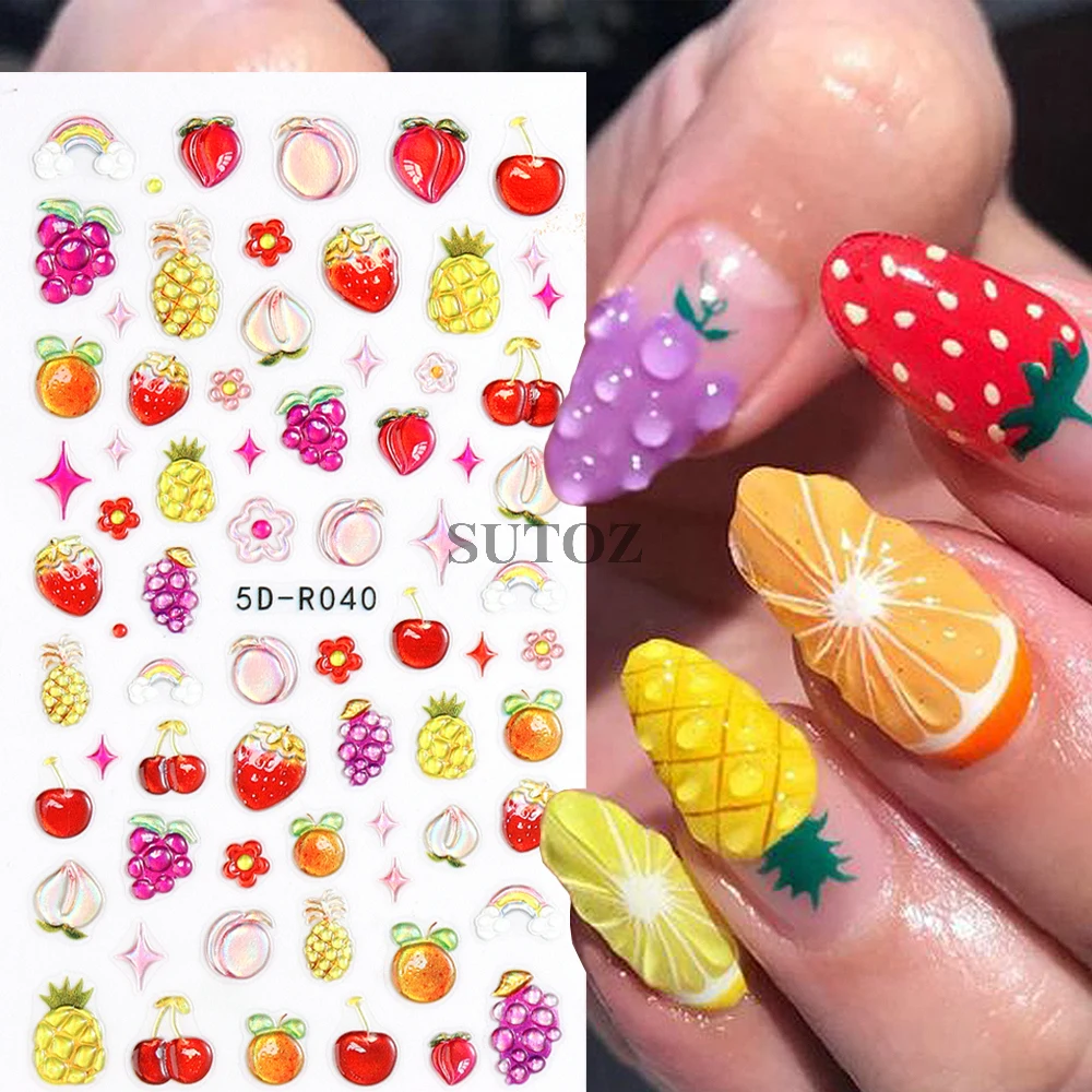 5D Summer Fruits Nail Art Stickers Cherry Orange Pear Stars Sliders Cute Jelly Relief Decals Dopamine Manicure Decors GL5D-R038