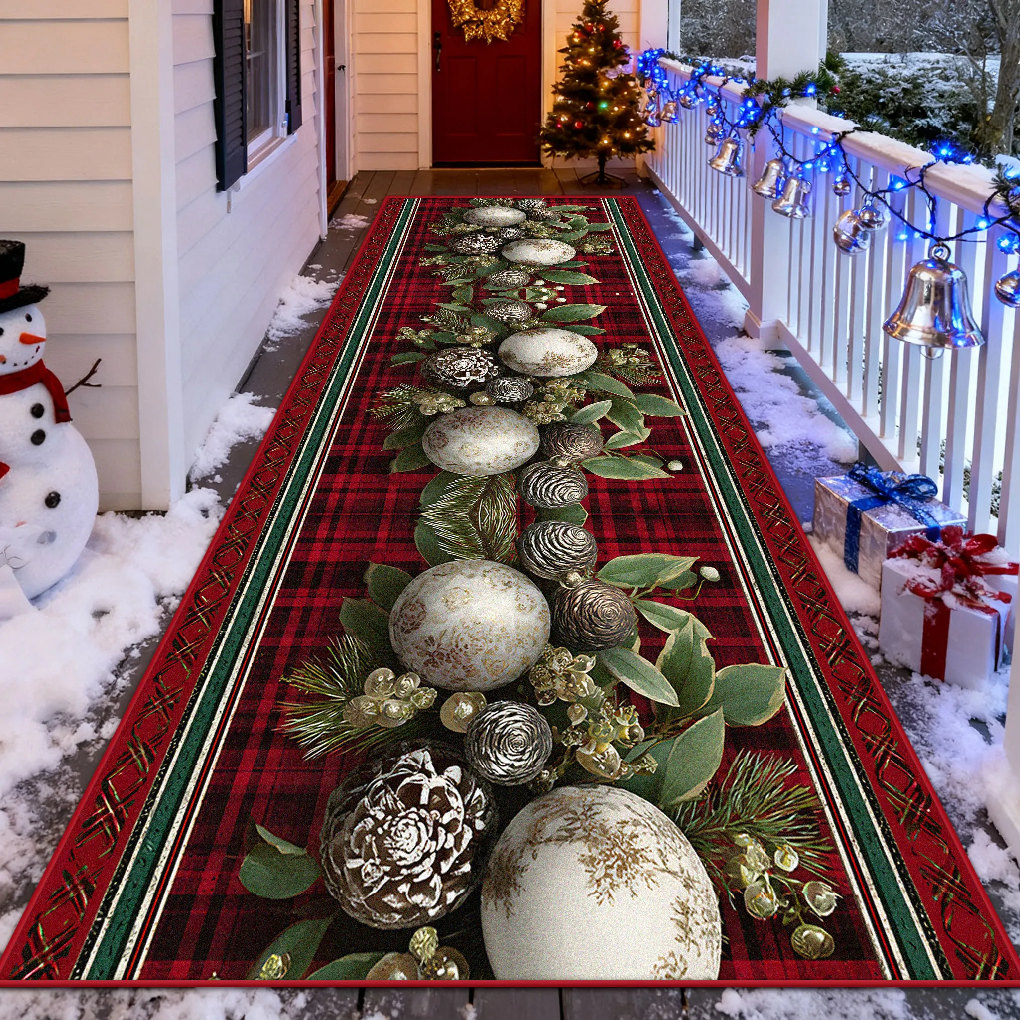 

Рождественский длинный ковер-бегун, красное клетчатое украшение, входная лестница, нескользящий напольный коврик для гостиной, прохода, детской комнаты, прикроватный коврик