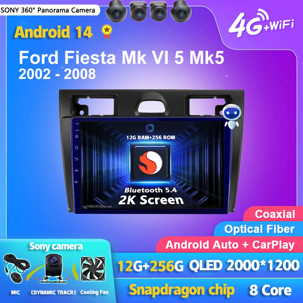 

Автомагнитола Carplay, Android 14, 2K экран, мультимедийная магнитола для Ford Fiesta Mk VI 5 Mk5 2002-2008, Wi-Fi + 4G Авторадио, стерео головное устройство