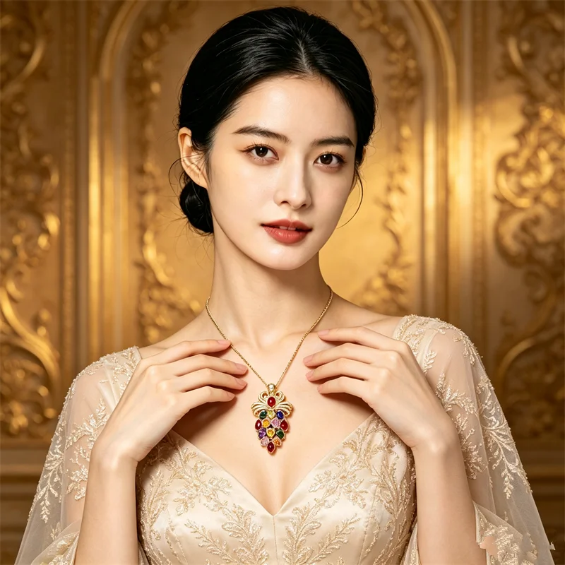 Color Cubic Zircon Grape Shaped Pendant Necklace Luxury Elegant Women Clavicle Chain Shiny Jewelry Fashion Trendy Accessory Gift