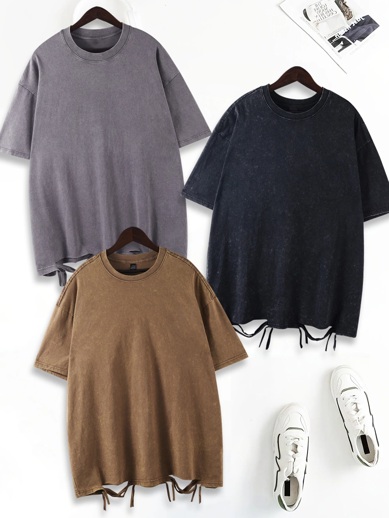 

3PCS Men's Women's Casual Fashion Solid Color Short Sleeve Loose Tshirt American Vintage Street Trend Washed Large Size T-Shirt