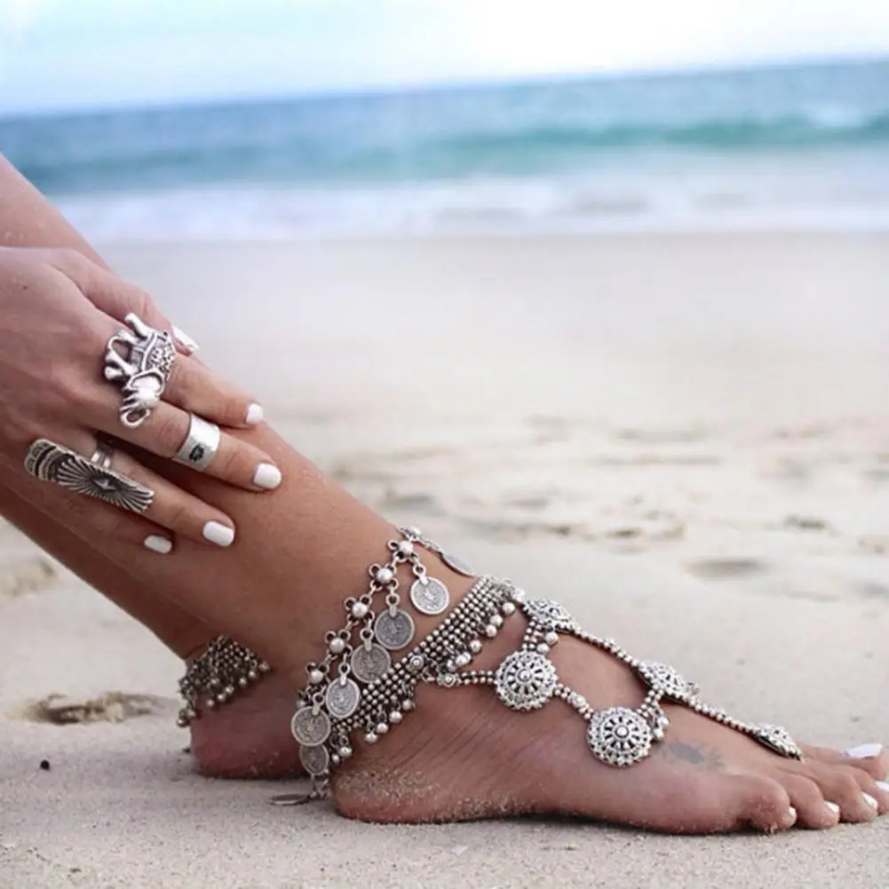 Women Anklet Retro Coin Bracelet Bohemian Hollow Pattern Alloy Anklet Adjustable Beach Foot Chain Ankle Bracelet Foot Jewelry