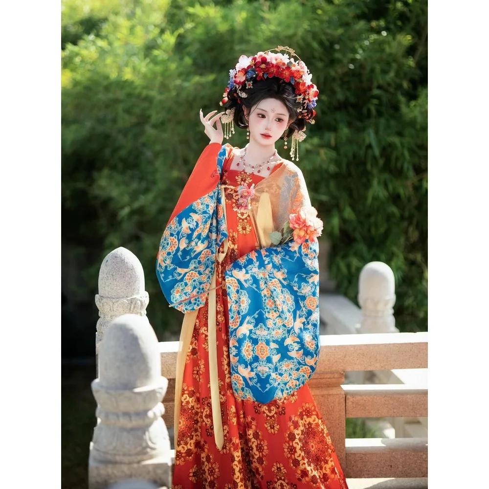 Tang Dynasty retro court-style Hanfu, blue big-sleeved chest-length skirt, Famen Temple shawl, concubine Tang Yun set