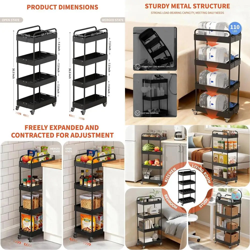 

Расширяемая металлическая 4-ярусная тележка с колесами для домашнего хранения: гостиная, спальня, кухня, ванная комната - черный