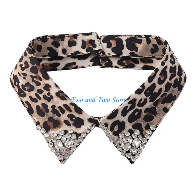 HX6F Trendy Animal Print Detachable Collar with Sparkling Crystals Detachable Neckpiece for Casual Business and Evening Event