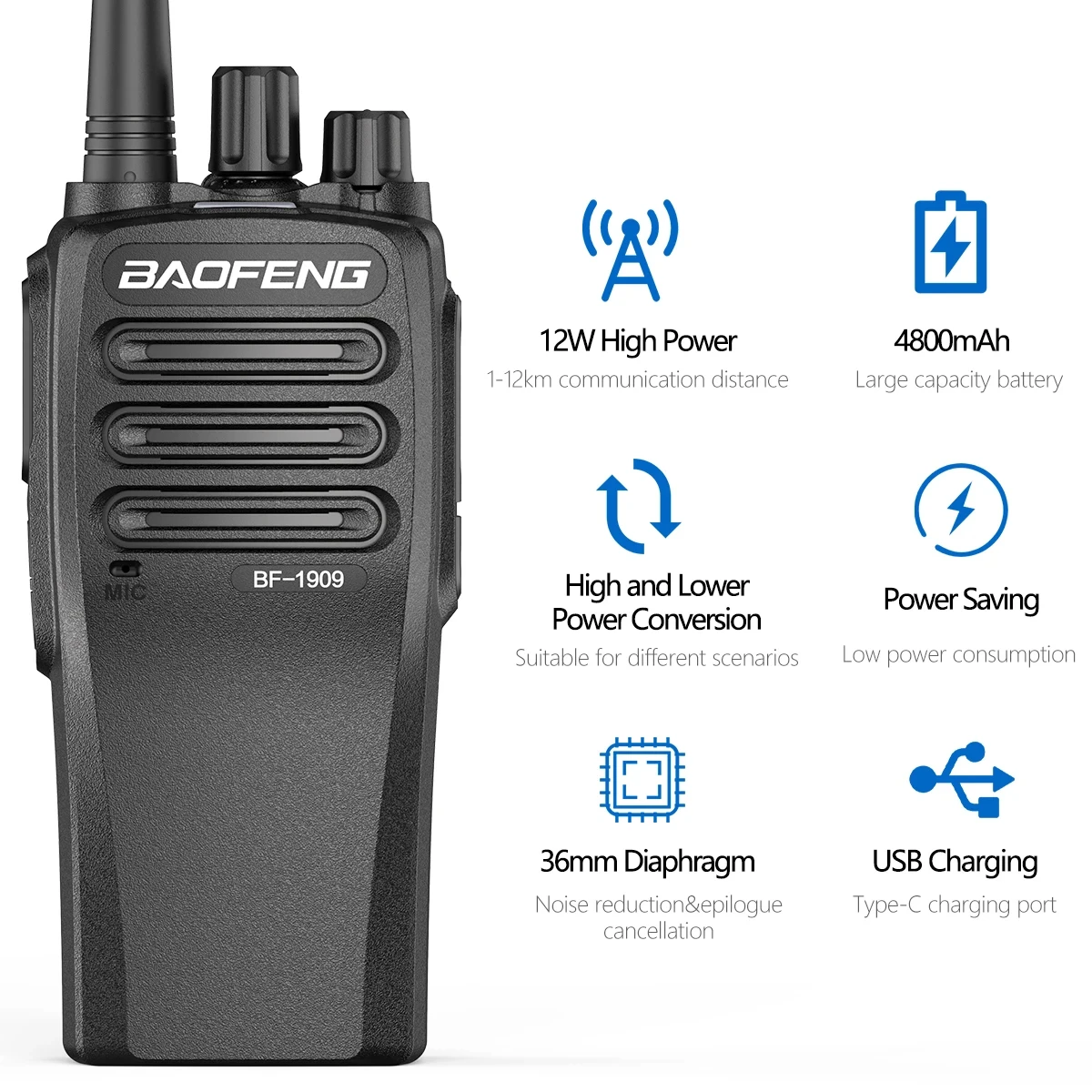 Baofeng BF-1909 10W Walkie Talkie Long Range Comunicador Type-C Transmitter Transceiver Upgraded BF 888S 1904 Ham Two Way Radio