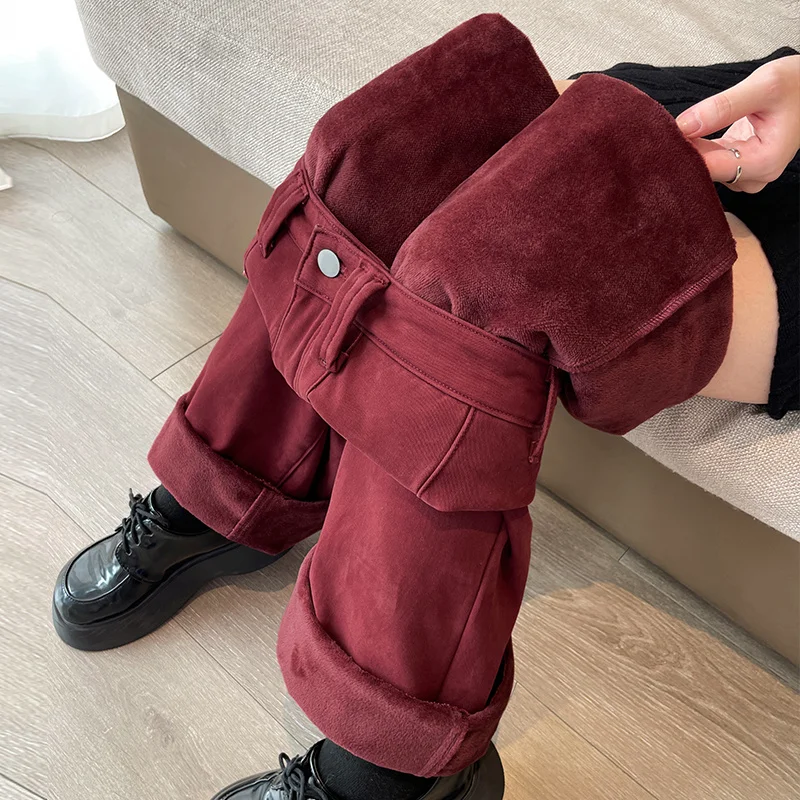 Winter Warm Red Fleece Straight Wide Leg Jeans Women Korean Fashion Casual Loose Thicken Velvet Denim Pants Streetwear