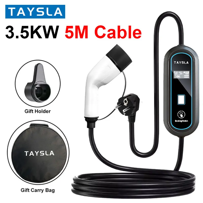 TAYSLA-Carregador Elétrico Portátil para Automóveis, Carregador EV, Cabo Tipo 2, Tipo 1, 80V-260V, Ficha UE para Todos os Veículos Elétricos, 3,5 kW, 16A, 5m