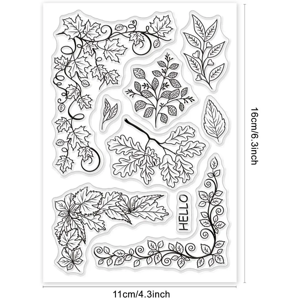 Vine Leaves Clear Stamps Leaf Pattern PVC Placstic Silicone Stamps with Word Hello for Envelope Making, Bookmark DIY Decorations