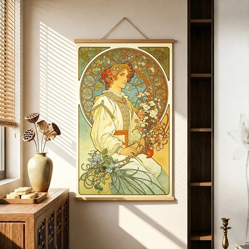 Poster Canvas Ornamental Floral Exhibition Poster, Pearlescent Canvas Hanging Scroll for Gallery Exhibition Space Decor