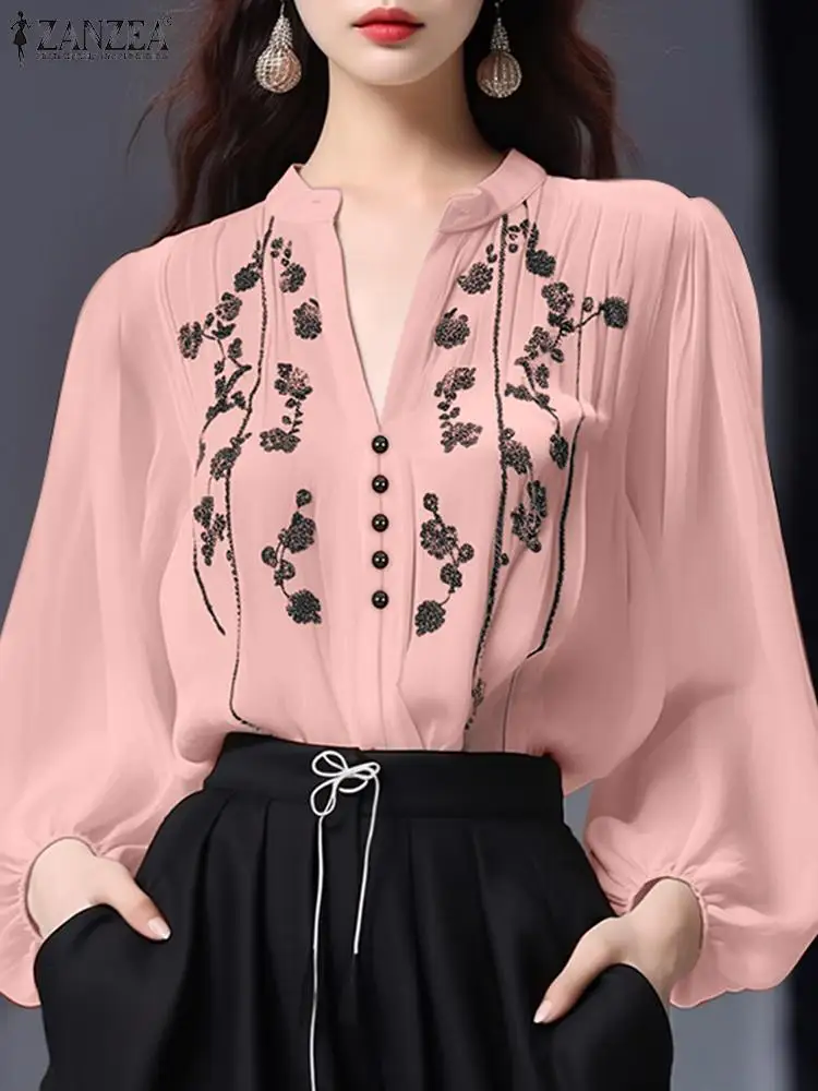 ZANZEA Women Embroidery Long Lantern Sleeve Blouses 2024 Autumn Vintage V-neck Tunics Tops Fashion Holiday Elegant Party Blusas