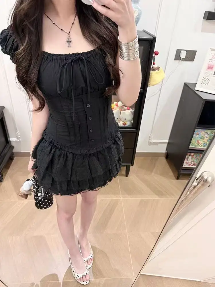 

2026 Summer New Korean Style Sweet Women's Set Square Neck Puff Sleeve Shirt + High-Waist Slimming Skirt Suit Y2k Chic Outfits