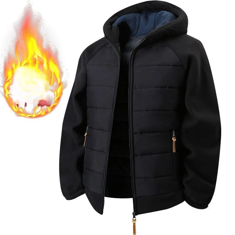 Quilted Male Jackets Parkas Loose Splicing Fleece Windbreaker Full Zip Up Sports Jackets Hooded Coats Raglan Sleeve Outerwear