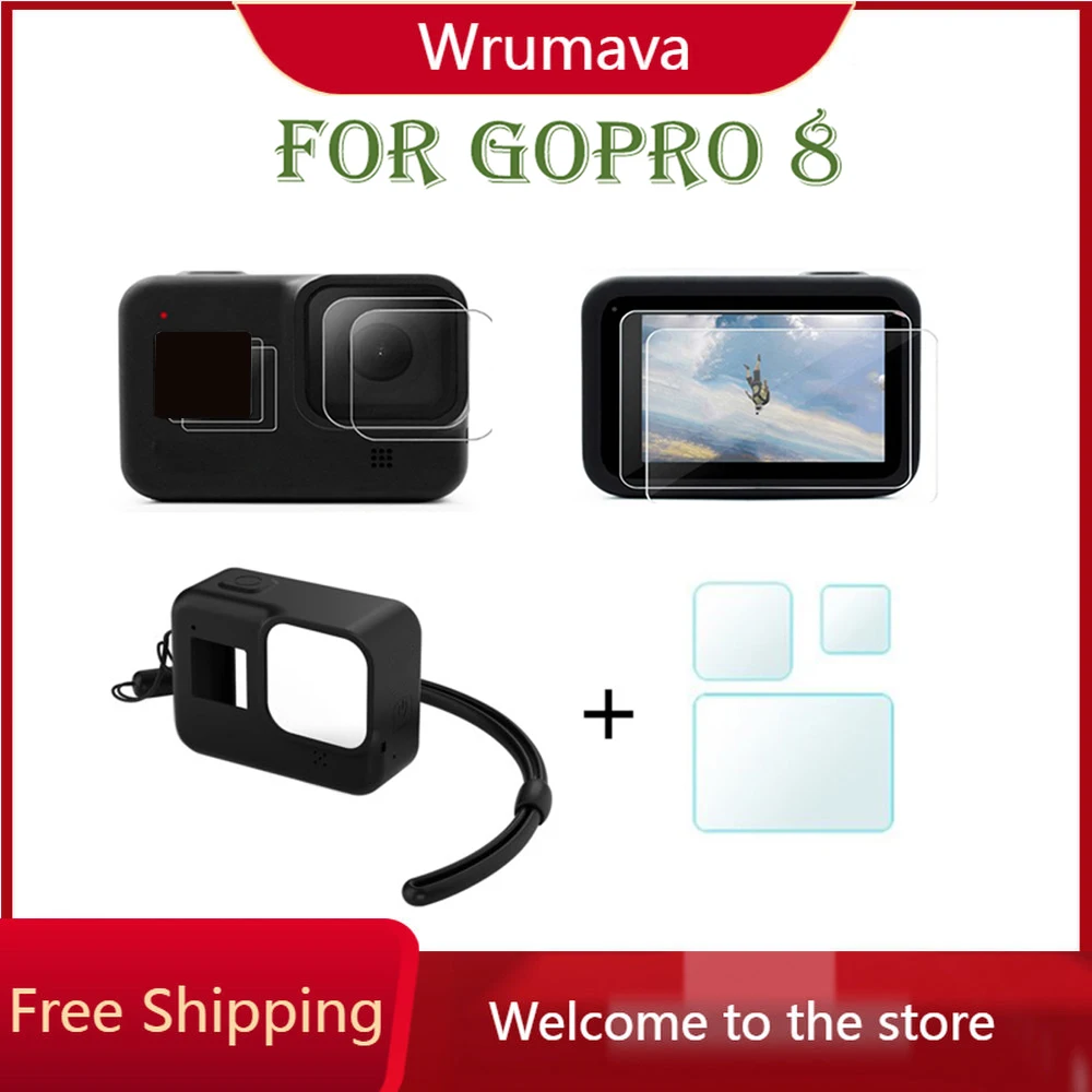 Protective Silicone Case for GoPro Hero 8 Black Tempered Glass Screen Protector Film Lens Cap Cover for Go Pro 8 Accessory